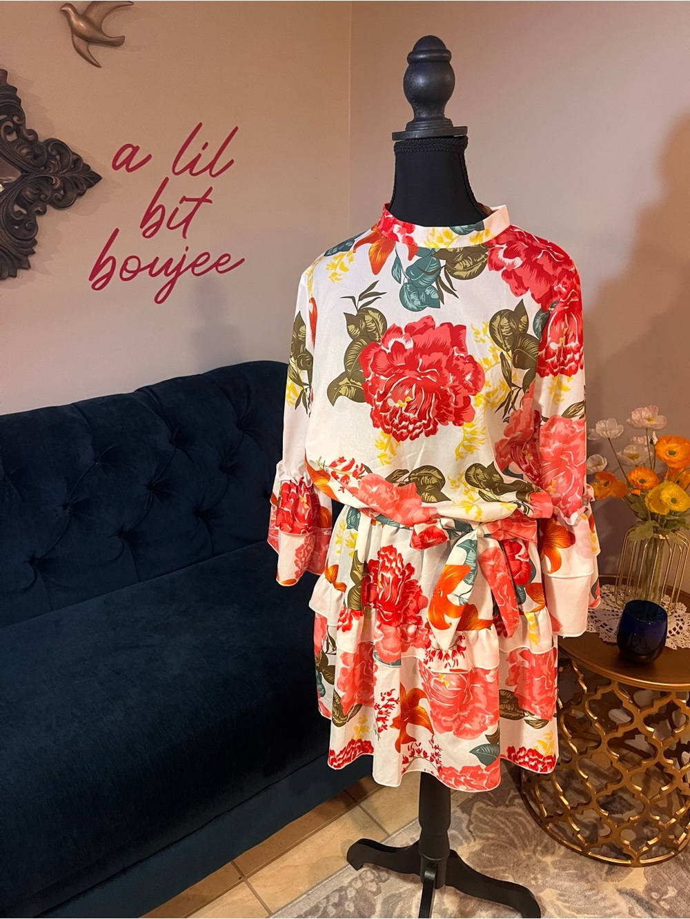 Floral Belted Long-Sleeve Mini Dress - Cream & Coral Flowers